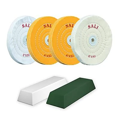 SALI Paquet de 4 rodes de poliment per a molinet de banc Roda de polit de 6 polzades 2 * cotó groc, 1 * cotó blanc, 1 * cotó blanc (50 capes) per a coixinet de poliment tampon 1/2'' Forat de poliment amb kit de compost de poliment